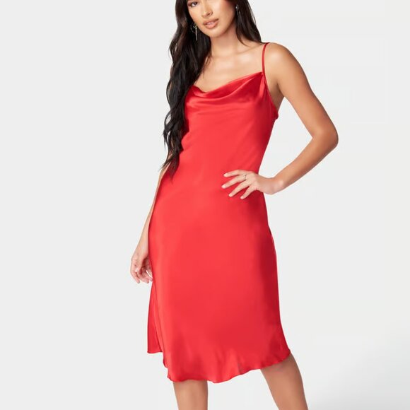 bebe | Red Satin Cowl Neck Slip Midi Dress Large - Picture 1 of 9